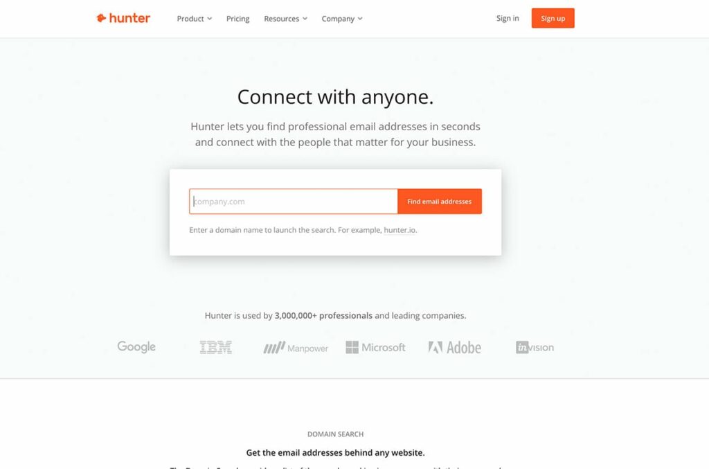 Hunter.io Website Homepage